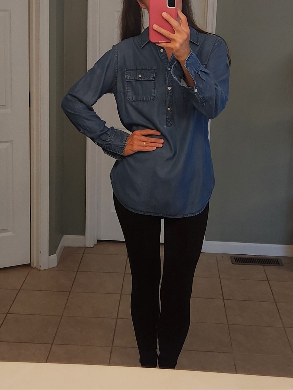 A New Day Size L Chambray Tunic Shirt - Denim Blue 100% Lyocell